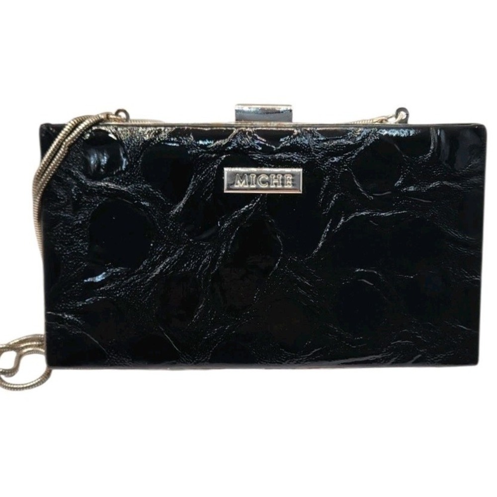 MICHE Black Patent Faux Croc Frame Clutch Wallet Crossbody Evening Bag